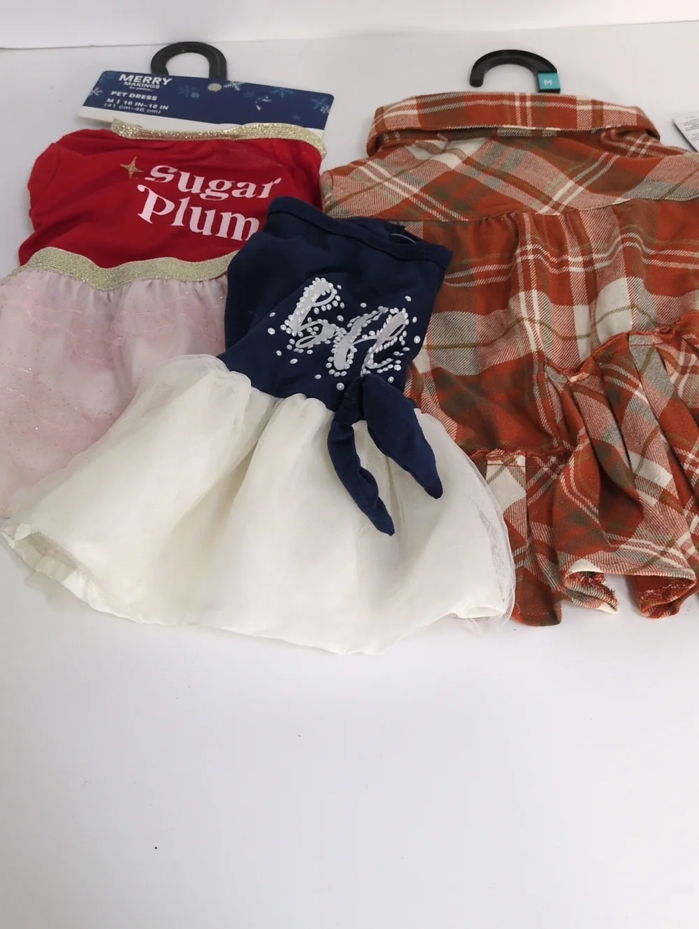 Lot of 3 Medium Dog Dresses Youly Plaid, Petco Sugar Plum & Top Paw Pearl Tutu